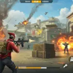 Free Fire player in action, using cover to survive in an intense battle royale match.