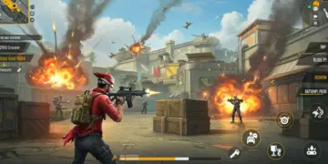 Free Fire player in action, using cover to survive in an intense battle royale match.