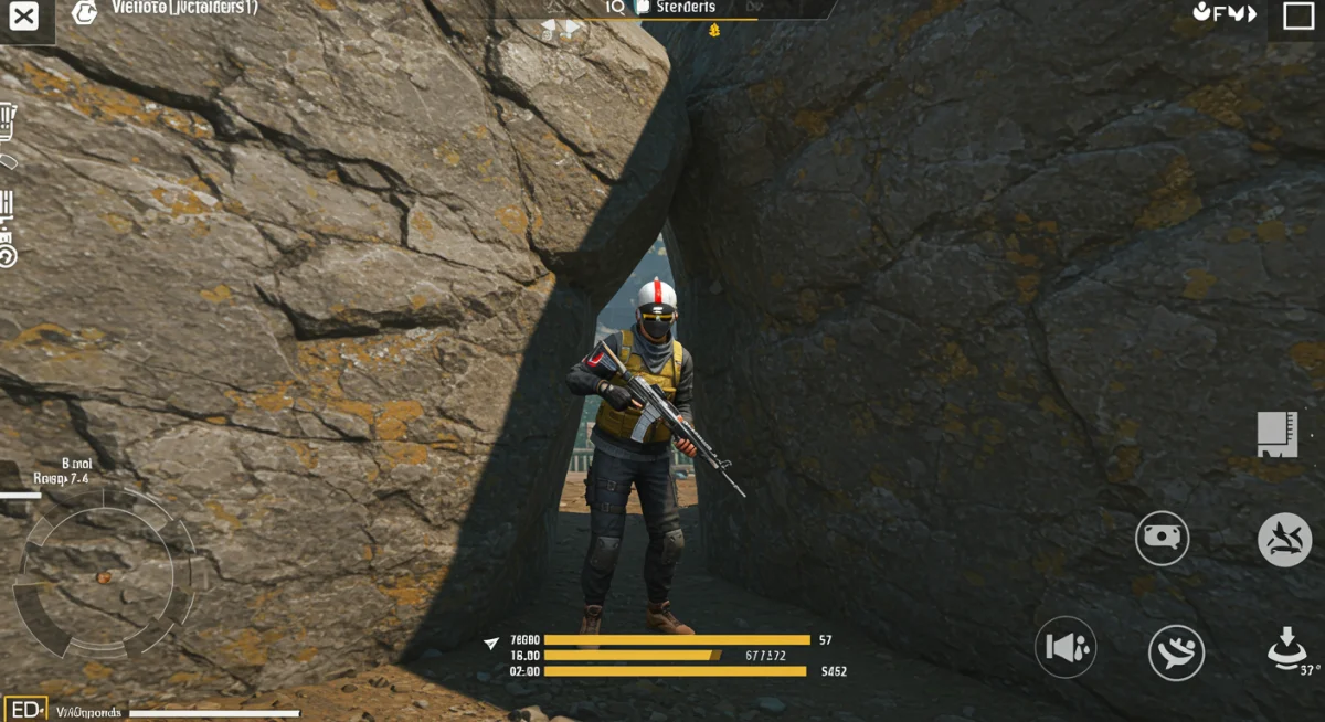 Free Fire player using a map glitch to gain tactical oversight from within terrain.
