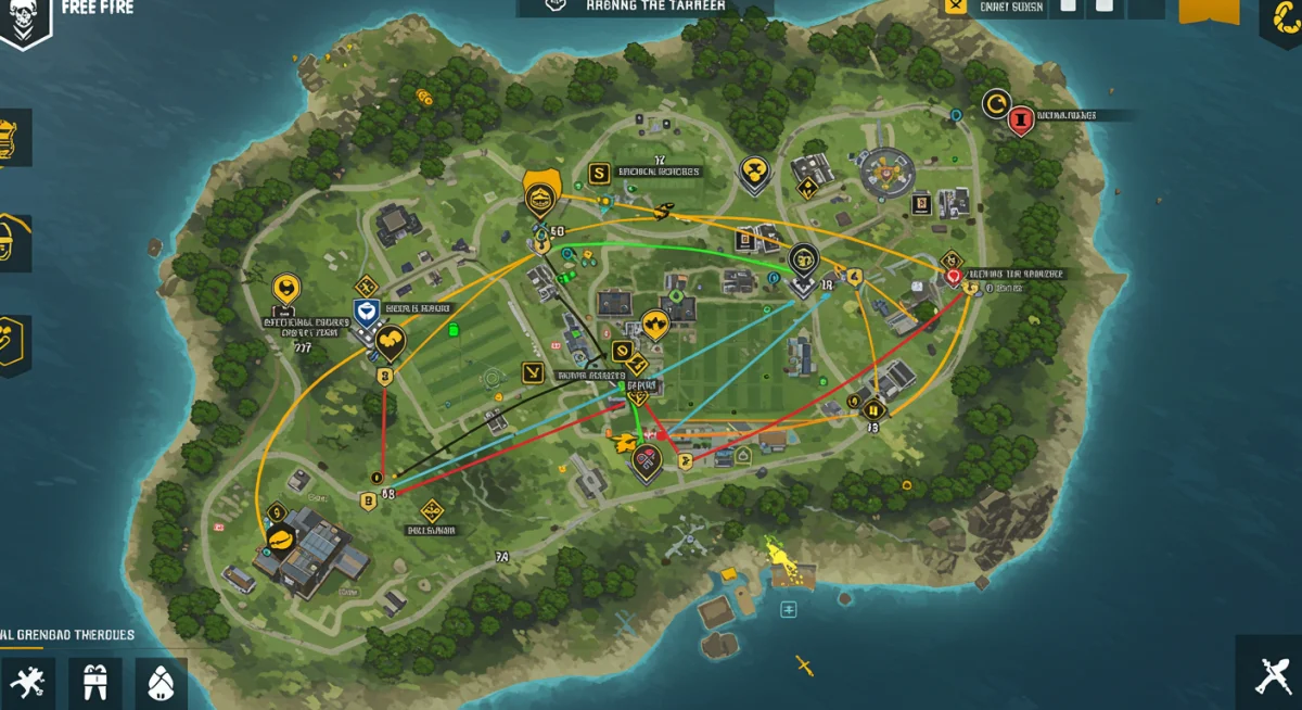 Free Fire tactical map showing grenade trajectory and strategic throwing points