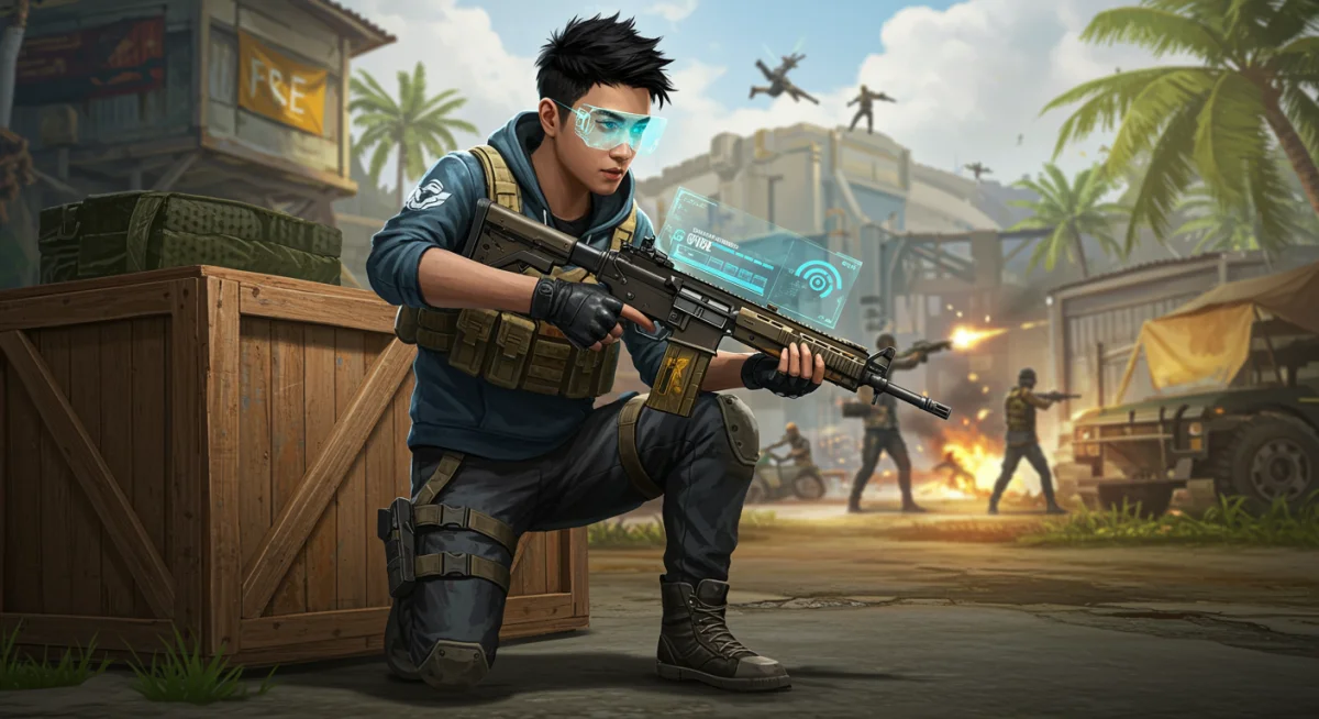 Free Fire character observing shrinking zone from cover.