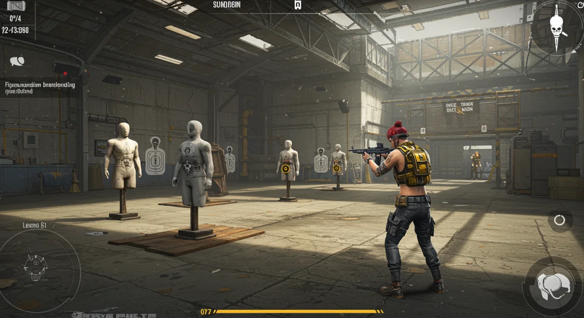 Free Fire player practicing headshots on target dummies in the training ground, focusing on accuracy drills.
