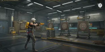 Free Fire character on New Training Island practicing aiming at targets
