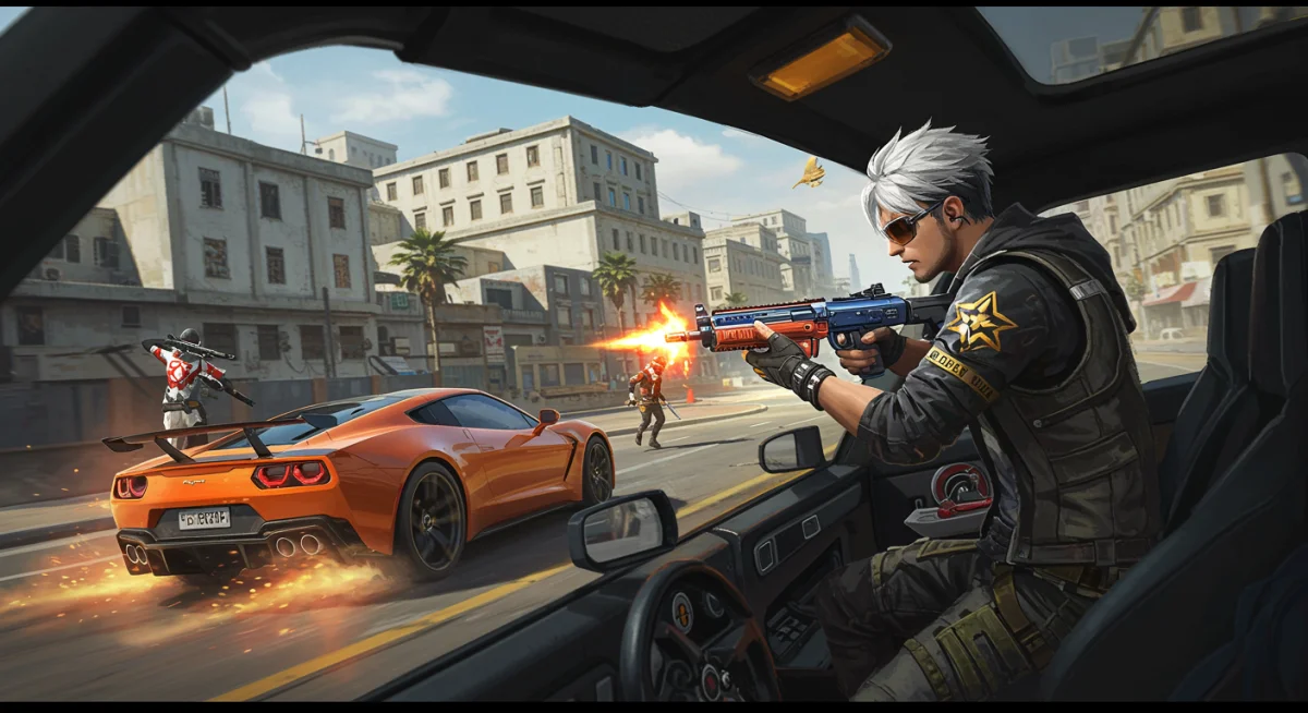 Free Fire player shooting from a moving car in an urban setting.
