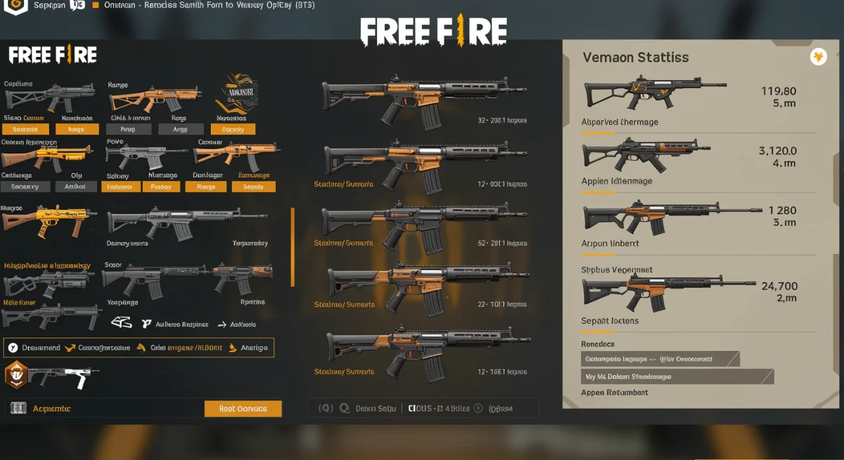 Infographic of Free Fire weapon stats and recommended attachments