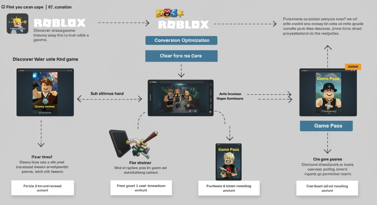 Infographic showing the Roblox game pass conversion funnel and optimization stages.
