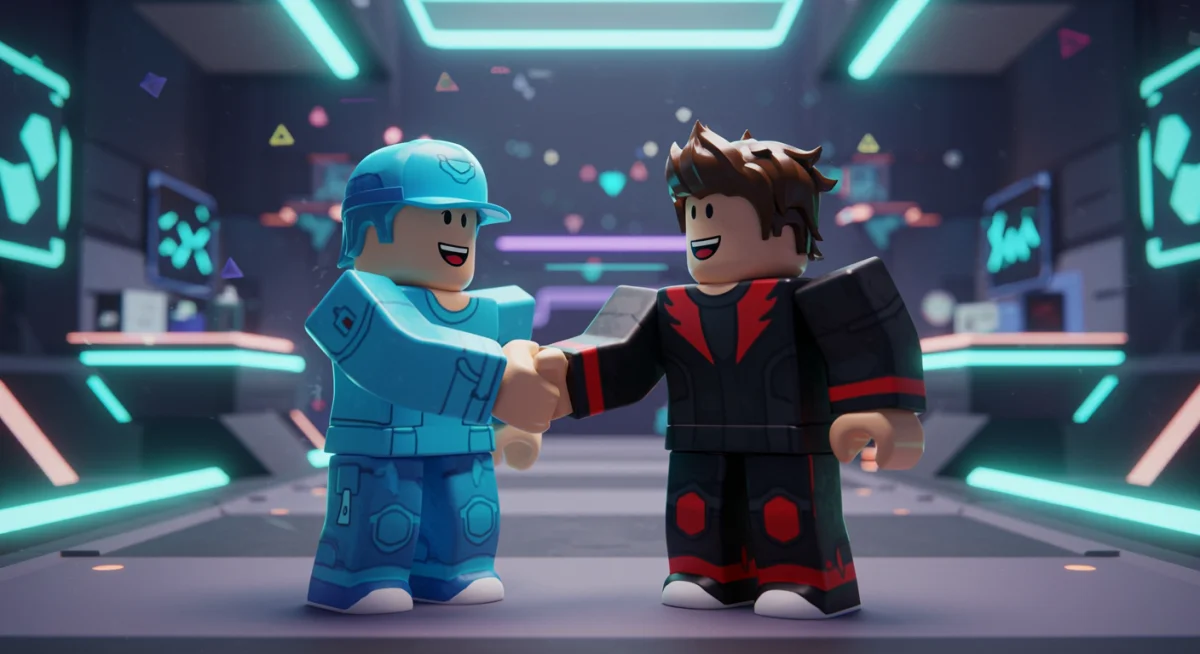 Roblox avatars shaking hands, symbolizing a successful partnership.