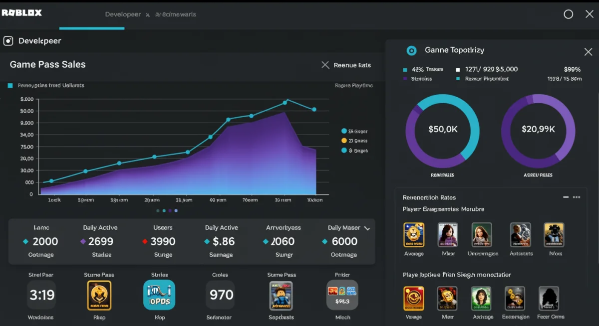 Roblox developer dashboard illustrating game pass sales and revenue analytics.
