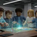 Roblox developers collaborating on a game in a modern office setting.