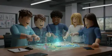 Roblox developers collaborating on a game in a modern office setting.