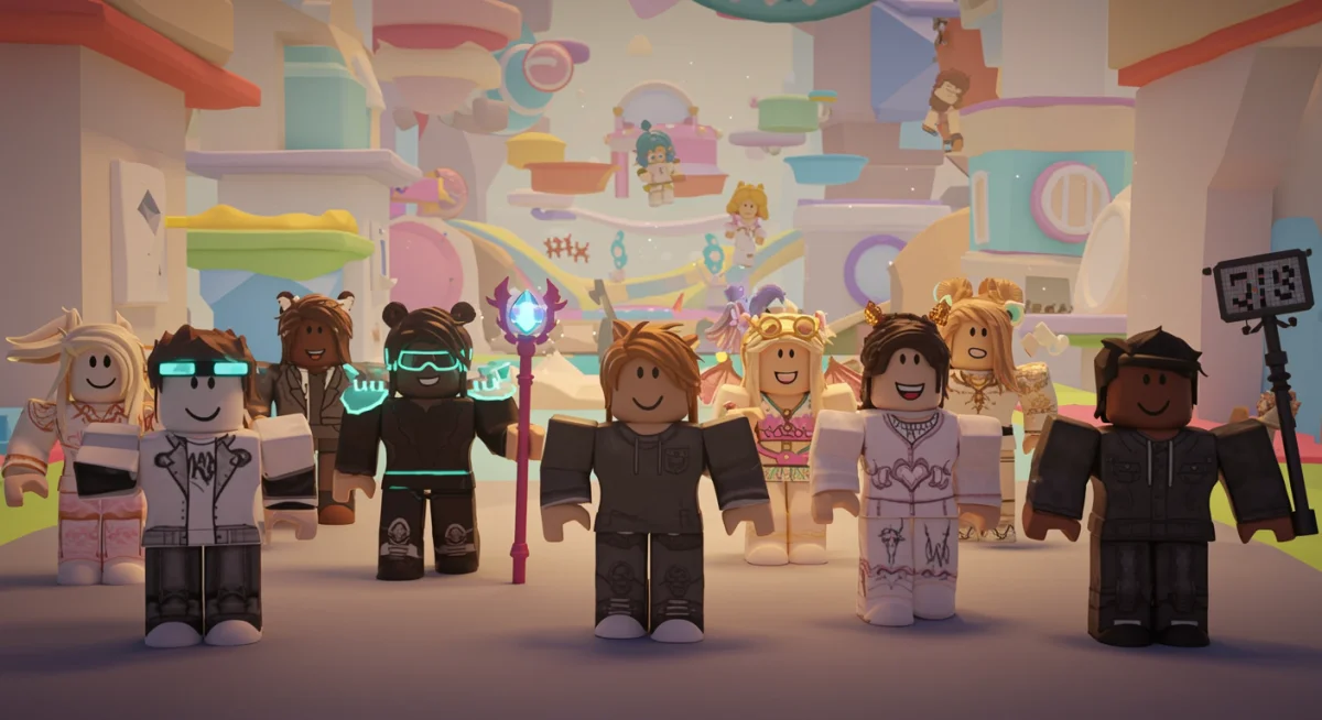 Diverse group of uniquely customized Roblox avatars in a social hub