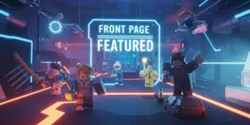 Futuristic Roblox game world with avatars and 'Front Page Featured' banner