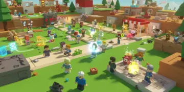 Dynamic Roblox game scene with diverse avatars exploring a colorful, interactive world.