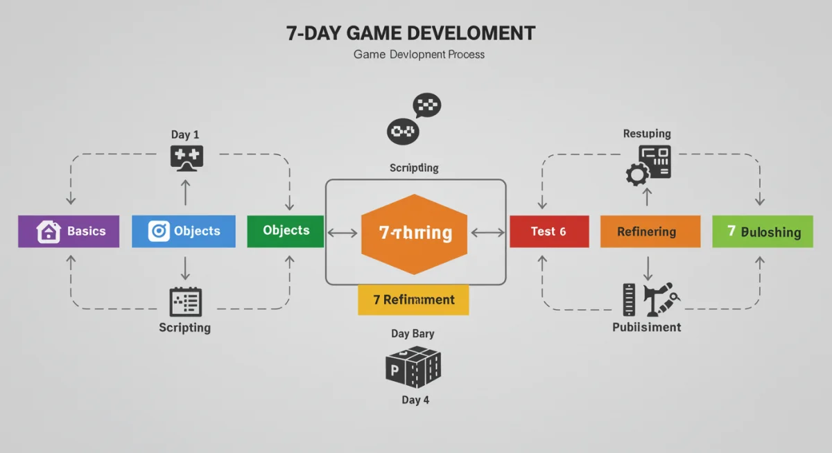 7-day Roblox game development timeline flowchart