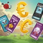 Roblox game world with floating game passes and currency symbols, representing passive income generation.