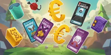 Roblox game world with floating game passes and currency symbols, representing passive income generation.