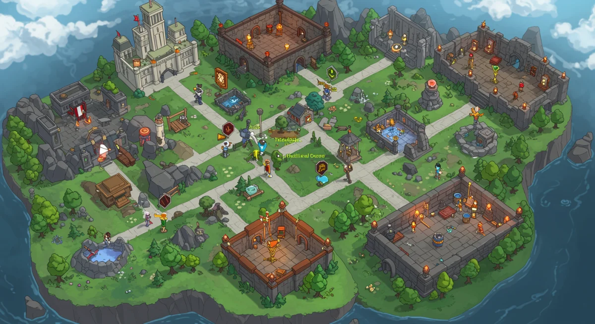 Overhead view of a structured Roblox game map with distinct zones and interactive elements.