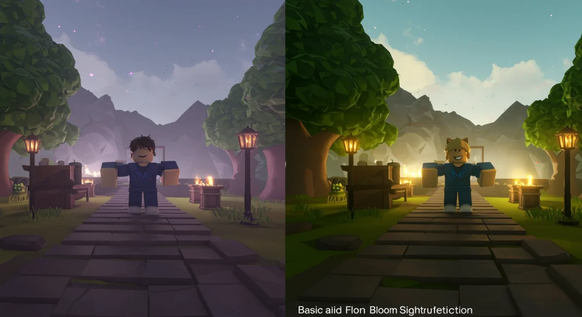 Comparison of basic vs. advanced Roblox lighting in game scenes