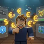 Roblox user actively trading rare limited items in a bustling virtual marketplace, surrounded by digital currency and trending item displays.
