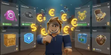 Roblox user actively trading rare limited items in a bustling virtual marketplace, surrounded by digital currency and trending item displays.