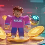 Roblox Premium 2025 benefits, a character surrounded by Robux coins and digital effects, symbolizing maximized earnings and exclusive perks.