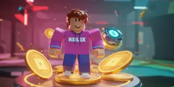 Roblox Premium 2025 benefits, a character surrounded by Robux coins and digital effects, symbolizing maximized earnings and exclusive perks.
