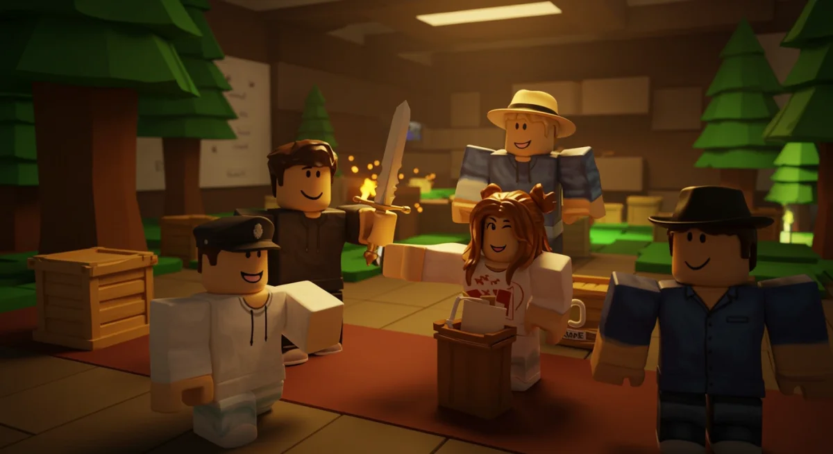 Roblox avatars engaging in a premium-only virtual world, showcasing social and creative benefits of Roblox Premium.
