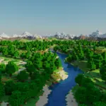 Panoramic view of a realistic Roblox landscape with hills, river, and forests