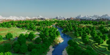 Panoramic view of a realistic Roblox landscape with hills, river, and forests