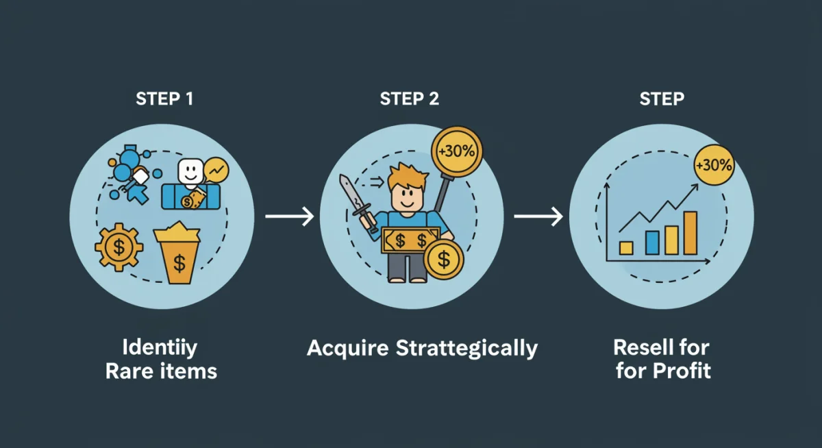 Infographic detailing the three-step process for profitable Roblox item reselling.
