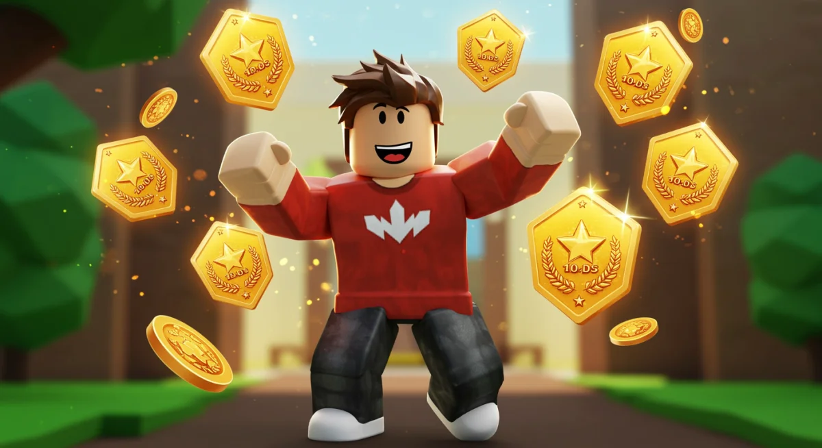 Roblox avatar collecting virtual currency and event badges