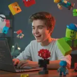 Teenager coding Roblox game on laptop, surrounded by colorful game elements