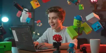 Teenager coding Roblox game on laptop, surrounded by colorful game elements