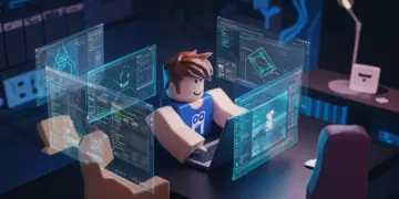 Roblox Studio 2025 interface with new features highlighted, showing a developer creating a game.