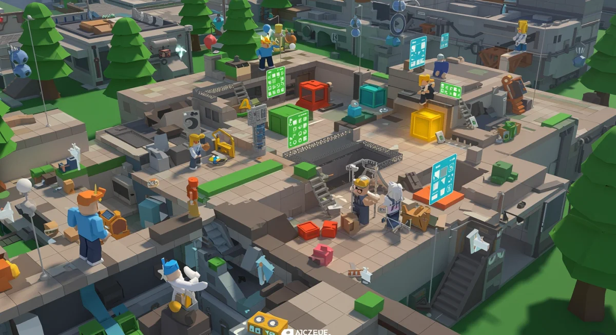 Collaborative game development in Roblox Studio 2025 with multiple users.