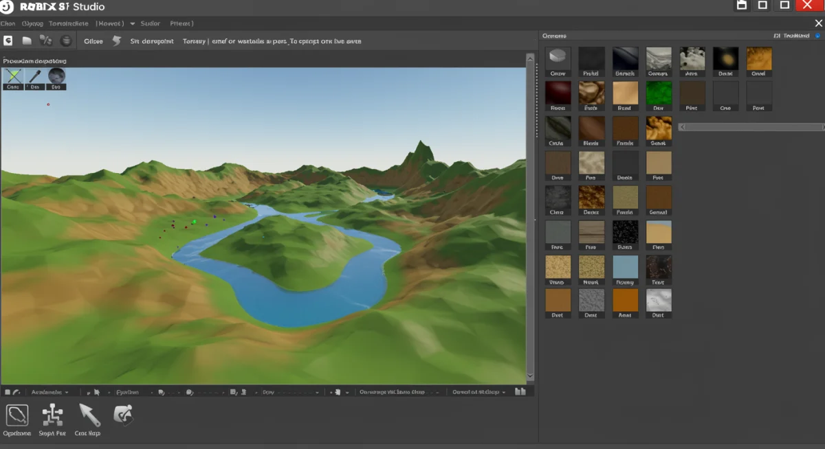 Roblox Studio Terrain Editor interface with tools and material palette