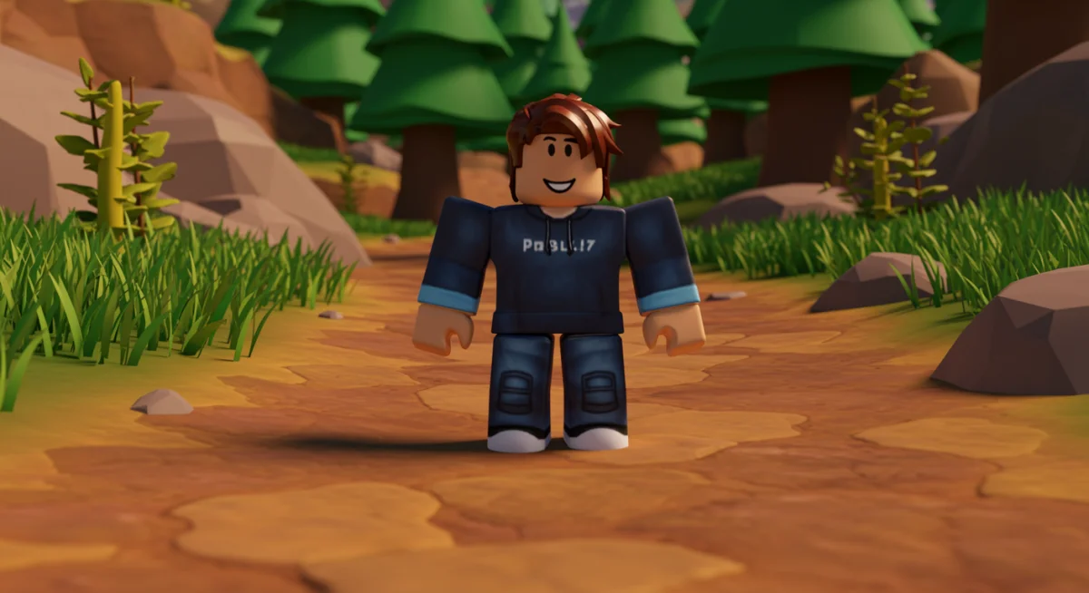 Roblox avatar on detailed terrain path with foliage and rocks